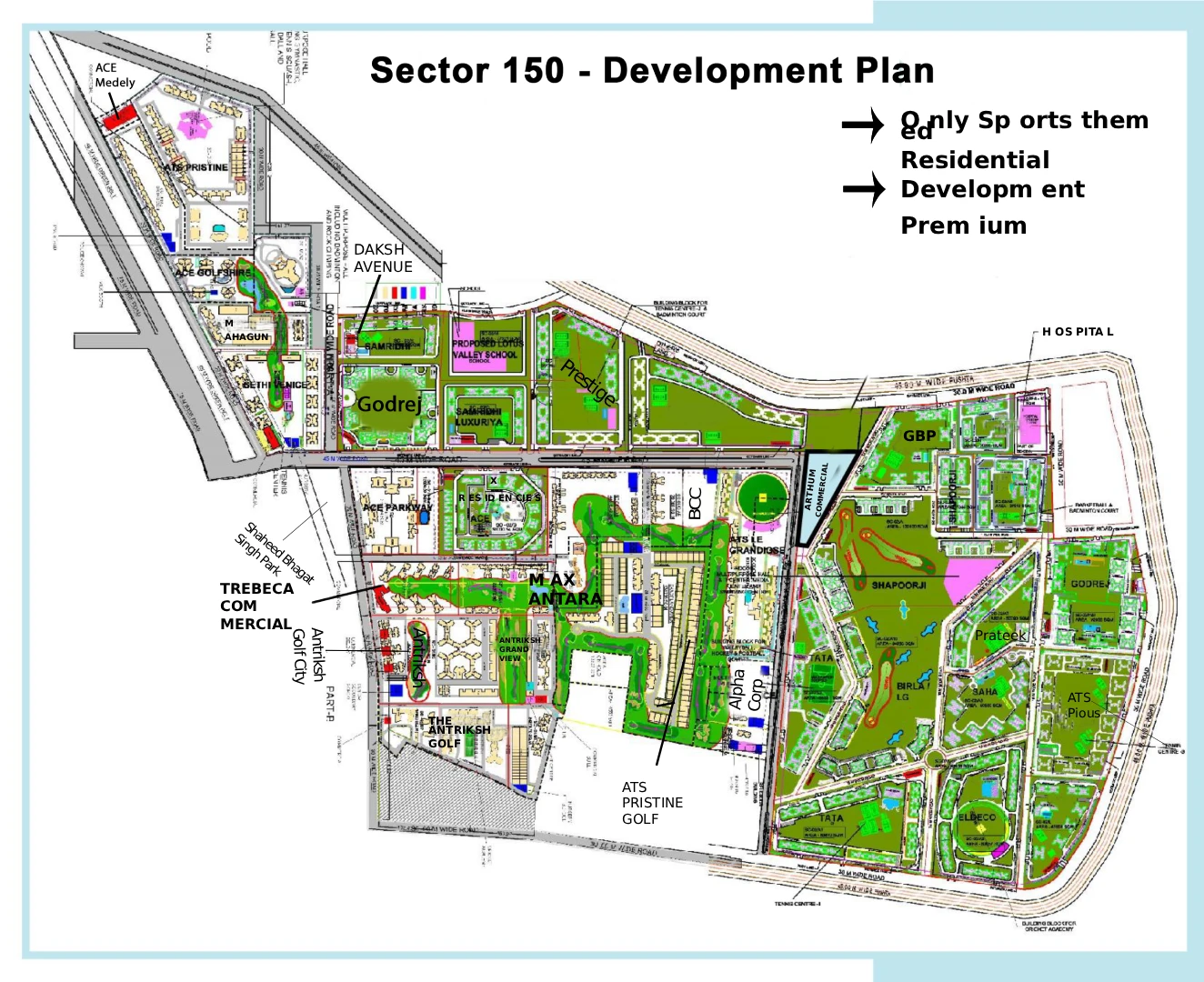 Sector 150, Noida development plan showing the Ace Group land parcels and surrounding projects