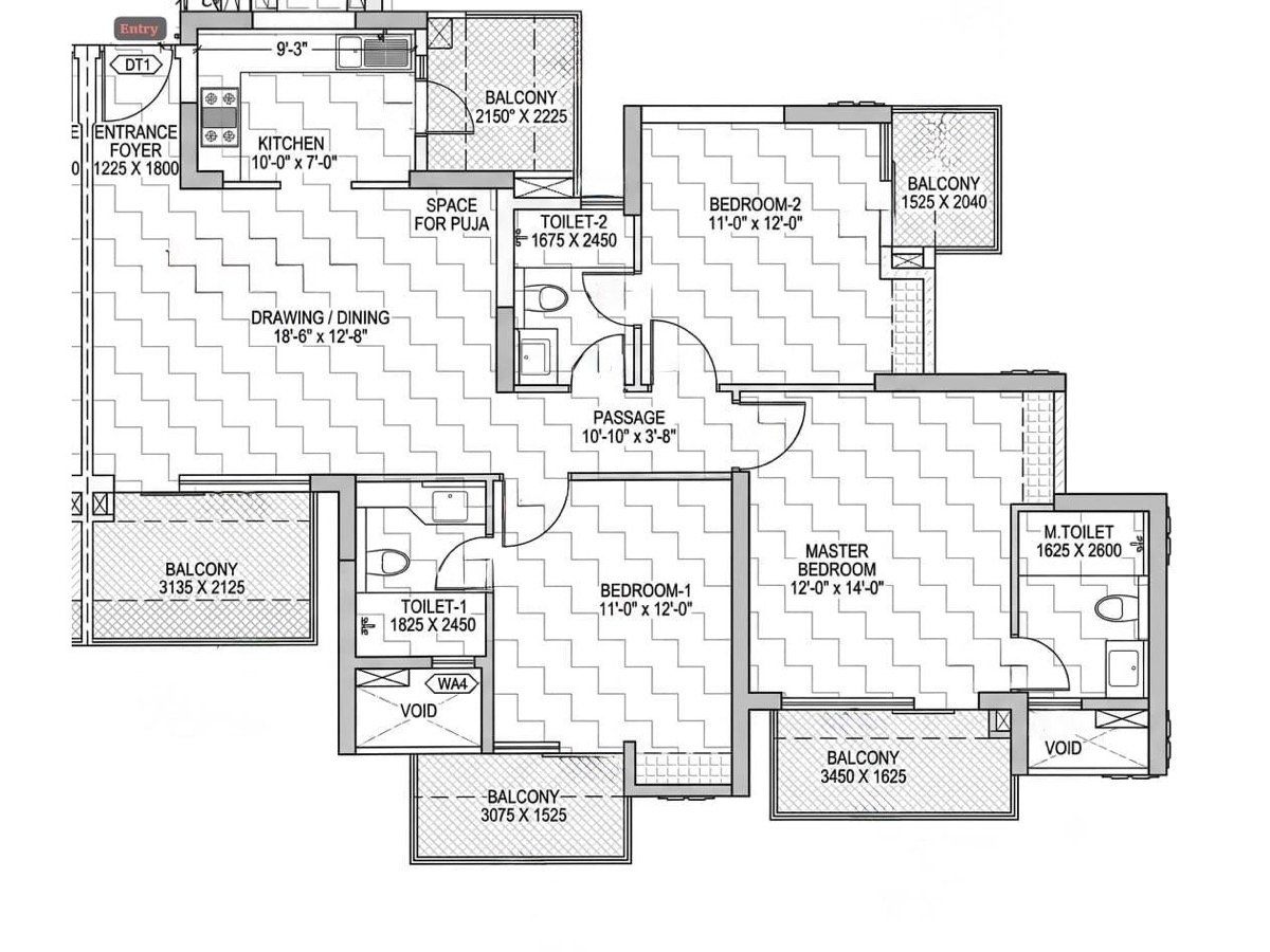 3 BHK floor plan — 1,927 sq.ft.